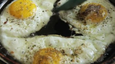 Bir tencerede kızartılır kızarmış yumurta