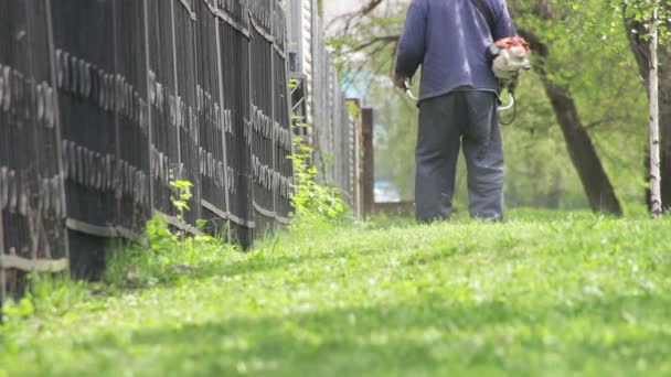 Ogrodnik Kosi kosiarka zielona trawa — Wideo stockowe