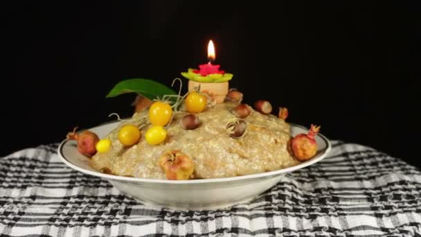 Homemade Cake on the Table Rotates on a Black Background — Stock Video