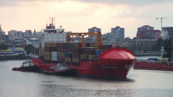 Вантажний пором прибуває до морського порту — стокове відео