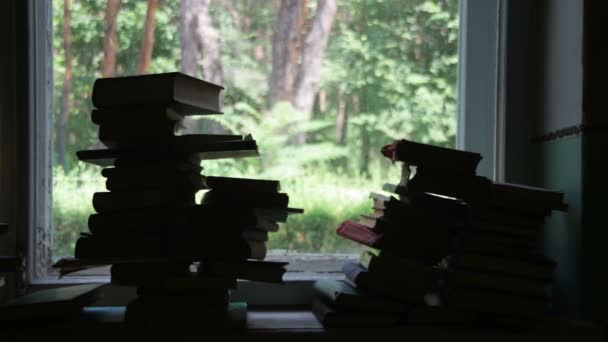 Montones de libros que yacen en un agujero de ventana en el bosque verde de fondo fuera — Vídeo de stock