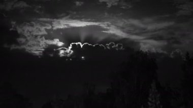 Gece ay ufukta yükselen ağaçları ve bulutlar üzerinde. Zaman atlamalı