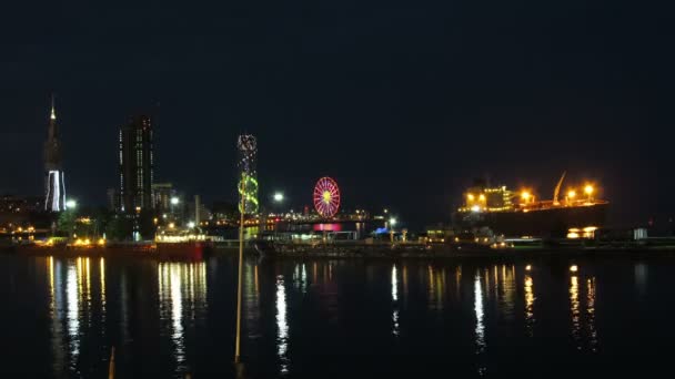 Night City Of Batumi, Georgia. Puerto marítimo de Batumi. Tiempo de caducidad — Vídeo de stock