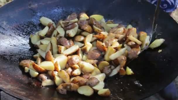 Cocinar papas en un caldero sobre una fogata en la calle — Vídeo de stock