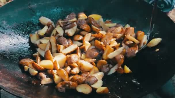 Matlaging av poteter i ei krukke over en leirbål i gaten – stockvideo