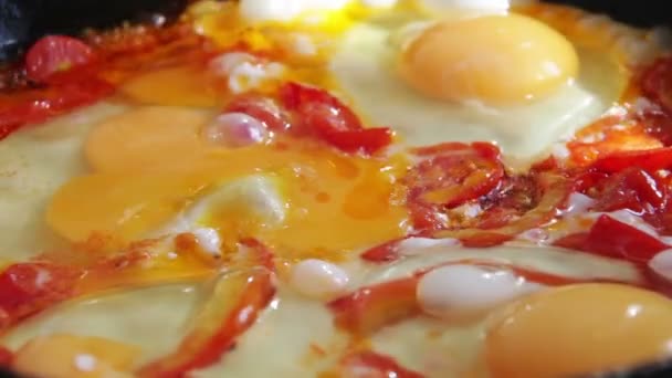 Αυγά τηγανιτά με λαχανικά παρασκευασμένα σε ένα τηγάνι — Αρχείο Βίντεο