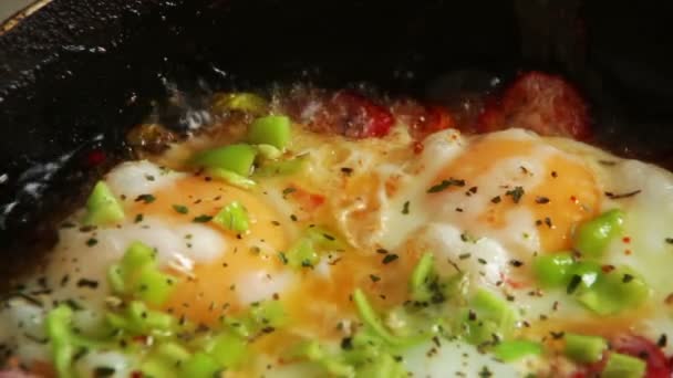 Huevos fritos con verduras preparados en una sartén — Vídeo de stock