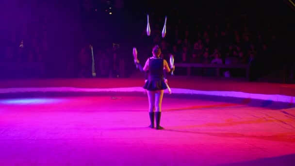 The Duo of Twin Girls Juggle with Clubs Performs Tricks on the Circus Stage — Stock Video