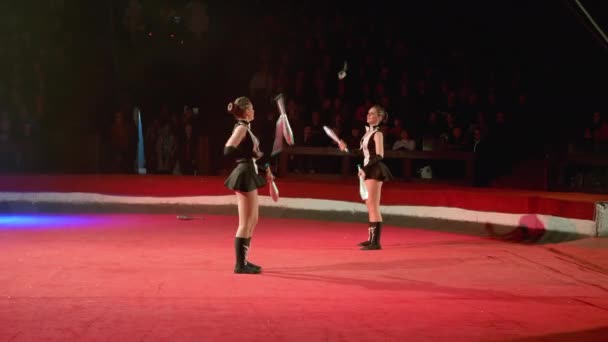 Het duo van tweeling meisjes jongleren met clubs voert trucs uit op het Circus podium — Stockvideo