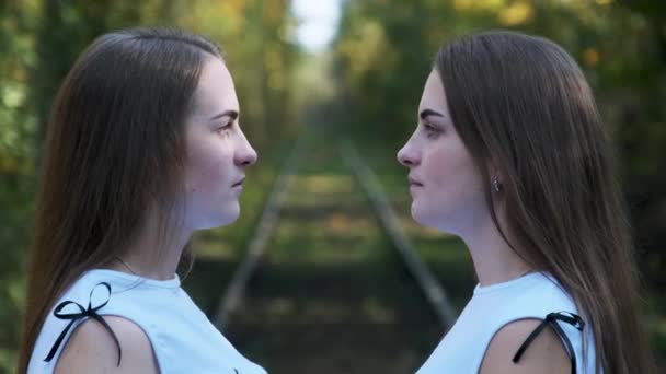 Jovens gêmeas olham uns para os outros olhos na natureza. Duas irmãs bonitas — Vídeo de Stock