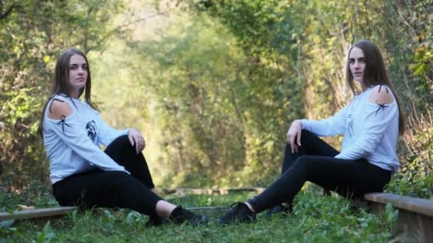 쌍둥이 소녀가 열차 선로에 앉아 서로 마주 보며 자연 속의 카메라를 바라본다 — 비디오