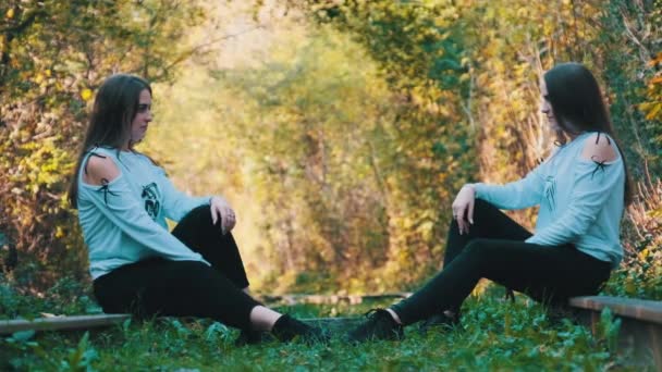 Twin Girls sedersi sulle tracce del treno di fronte all'altro e guardare la fotocamera in natura — Video Stock