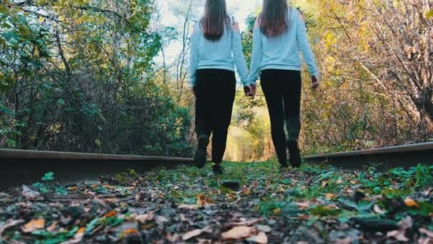 Twins Girls Holding Hands Walking Along Railroad Tracks. Vista posteriore. Rallentatore — Video Stock