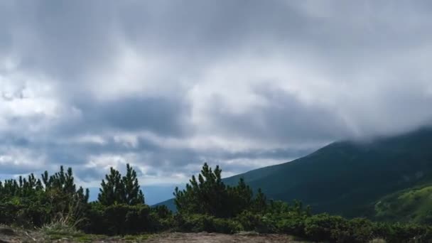 喀尔巴阡山脉低云移动的时间。积雨云戏剧化天空 — 图库视频影像