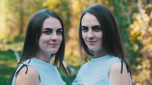 Twins Girls Smiling and Look at Camera in Green Nature Background (dalam bahasa Inggris). Pergerakan Lambat — Stok Video