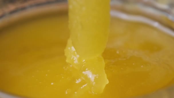 Kristallijne honing in een pot. Extreme Close-up. De lepel is ondergedompeld in dikke honing — Stockvideo