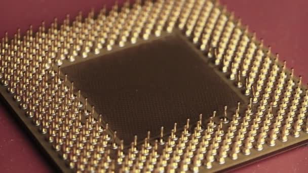 La CPU del procesador de computadora antiguo con contactos chapados en oro gira sobre fondo rojo — Vídeo de stock