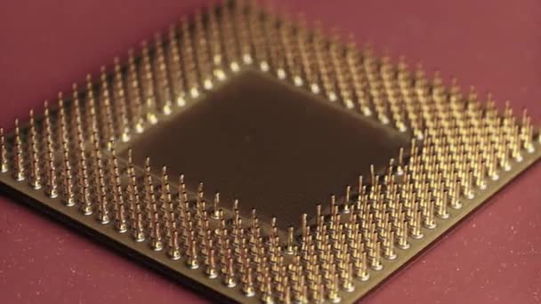 O processador de computador antigo CPU com contatos banhados a ouro gira em fundo vermelho — Vídeo de Stock