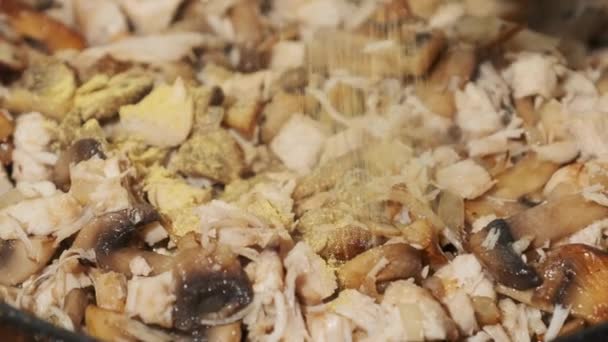 Añade especias a los champiñones fritos con queso y carne en una sartén en la cocina, Julienne — Vídeo de stock