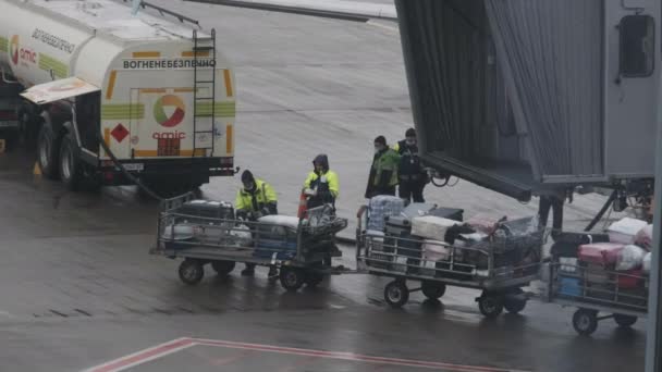 A carregar bagagem num avião. Carrinhos de sacos na pista para carregar na aeronave. — Vídeo de Stock