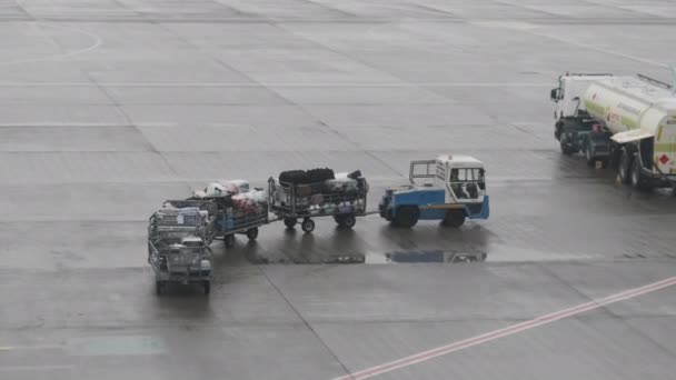 A carregar bagagem num avião. Um trator no aeroporto puxa carrinhos ao longo de uma pista — Vídeo de Stock