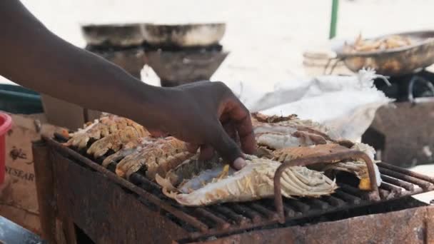 一名非洲厨师在桑给巴尔Nakupenda海滩的自制烤肉架上做龙虾 — 图库视频影像