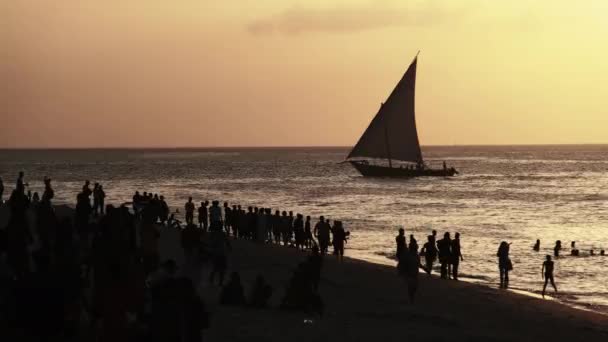 Silhueta de vela barco Dhow Vela ao pôr do sol na praia Shore, Zanzibar — Vídeo de Stock