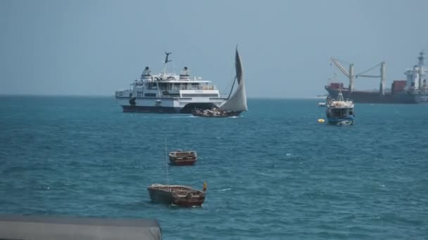 Tradycyjny Dhow Łódź i inne statki żagiel w porcie morskim w Zanzibar — Wideo stockowe