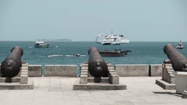 Kanonnen aan het water bij Stone Town, Zanzibar, Tanzania. — Stockvideo