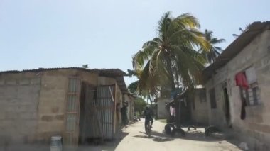 Palmiye ağaçları ve Afrika 'nın arasında harap olmuş evleri olan gecekondu ve köylerin önünden geçmek