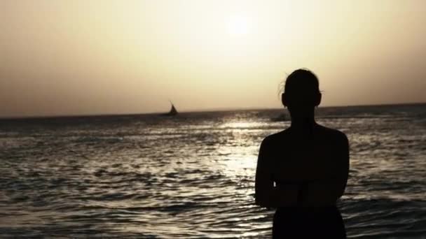 Silhouette d'une belle jeune femme regardant le coucher du soleil dans l'océan, Afrique — Video