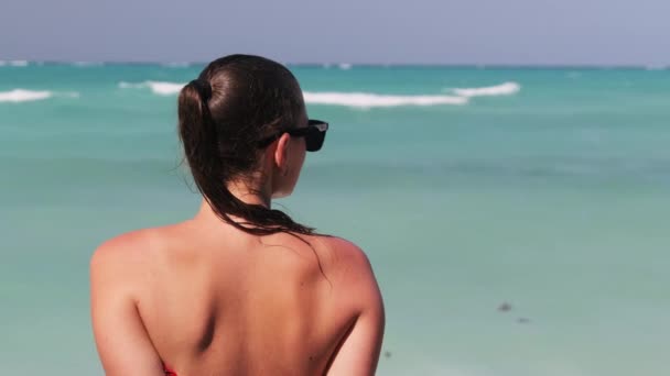Güneş Gözlüklü Genç Kadın ve Kırmızı Bikini Okyanusa Oturup Bakıyor — Stok video