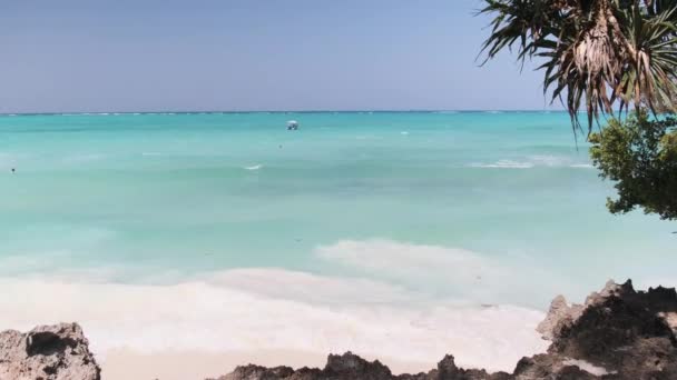 Landschap Uitzicht op Azure Ocean vanaf een stenen rif in de buurt van het strand Shore. Zanzibar — Stockvideo