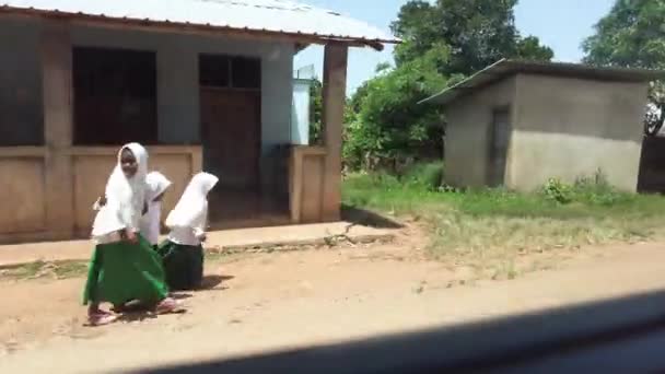 Palmiye ağaçları ve Afrika 'nın arasında harap olmuş evleri olan gecekondu ve köylerin önünden geçmek — Stok video