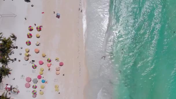 Aerial Top Paradise Beach z parasolami i turkusowym oceanem, Nungwi, Zanzibar — Wideo stockowe