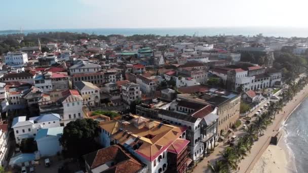 Aerial Stone Town Embankment con palme, baraccopoli, edifici antichi africani, Zanzibar — Video Stock