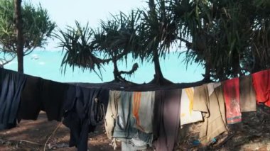 Afrika 'nın Zanzibar kentindeki fakir bir Afrika köyünde giysiler çamaşır ipinde kurutuluyor.