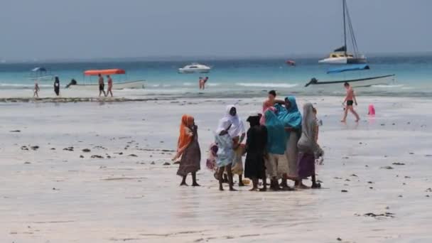 Familia Africana de Mendigos Camina en Grupo en una Playa Entre Turistas, Zanzíbar — Vídeos de Stock