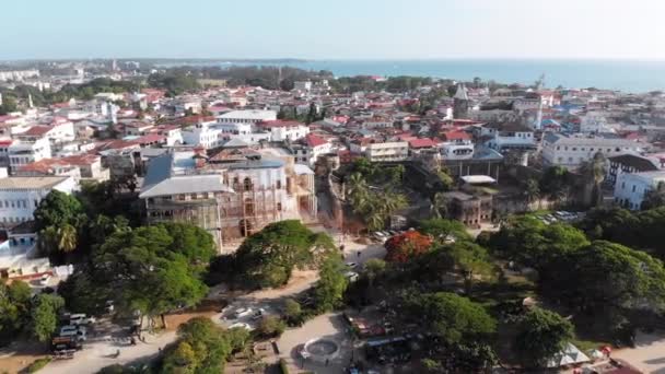 Aerial View of Stone Town, Zanzibar City, Slum Roofs and Poor Streets, Africa — Stock video