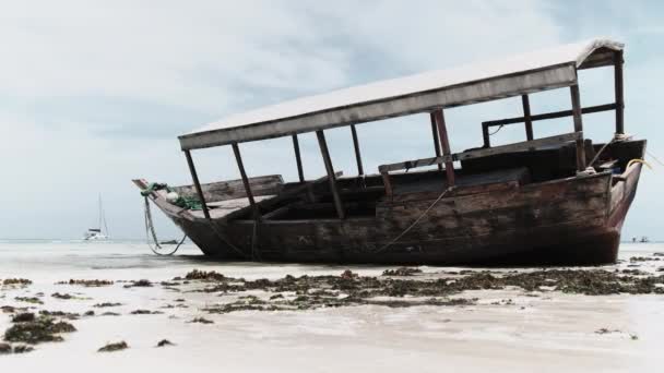 African Fishing Boat Stranded in the Sand on the Beach at Low Tide, Zanzibar — Stock Video