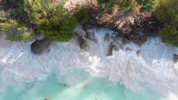 Topo aéreo das ondas brancas de maré bateu o recife de coral na costa rochosa, Zanzibar — Vídeo de Stock