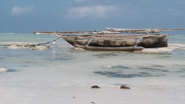 Traditionelles afrikanisches Holzboot strandet bei Ebbe im Sand am Strand von Sansibar — Stockvideo