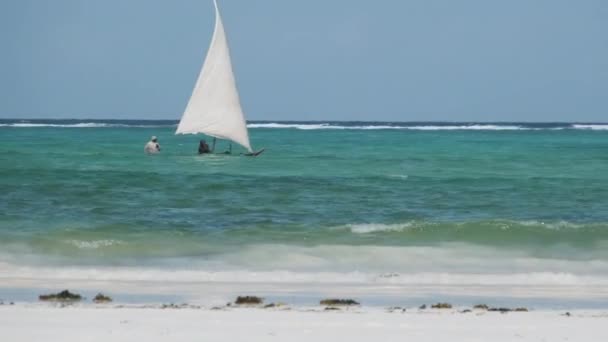 Een Afrikaanse Vissers op een Oude Droge Houten Boot met de Zeilen in Oceaan, Zanzibar — Stockvideo