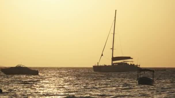 Silhouette Yacht with High maszt Sails at Sunset in the Ocean, Zanzibar, Afryka — Wideo stockowe
