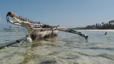 Geleneksel Afrika Balıkçı Teknesi Low Tide, Zanzibar 'daki kumsalda mahsur kaldı