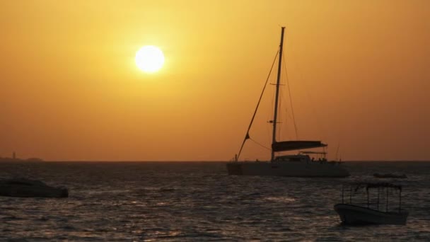 在非洲桑给巴尔的落日落日处拥有高桅杆帆船的轮廓游艇 — 图库视频影像