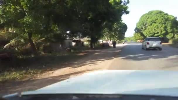 Rijden langs slurven en dorpen met verdunde huizen tussen palmbomen, Afrika — Stockvideo