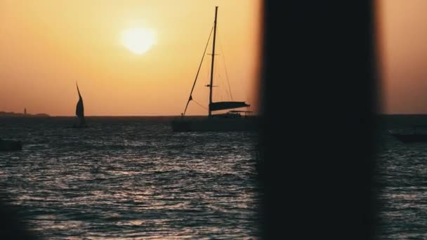 Silueta Yacht s High Mast Plachty při západu slunce v oceánu, Zanzibar, Afrika — Stock video