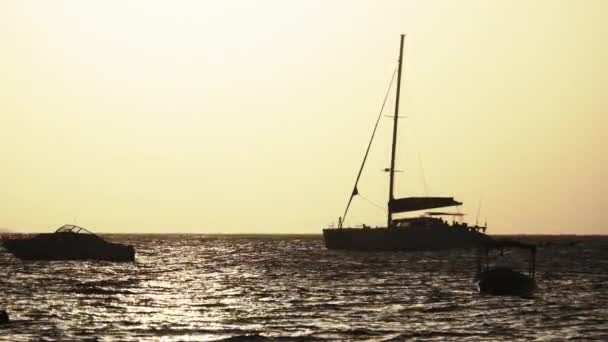 Silhueta de vela barco Dhow Vela ao pôr do sol no oceano, Zanzibar, África — Vídeo de Stock