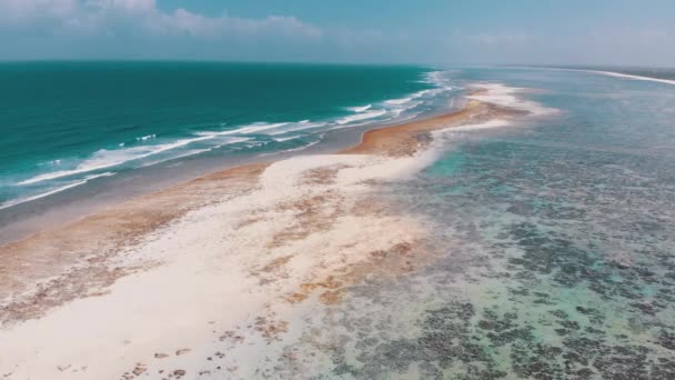 Береговая линия океана и Барьерный риф при отливе, Занзибар, Матемве, Вид с воздуха — стоковое видео